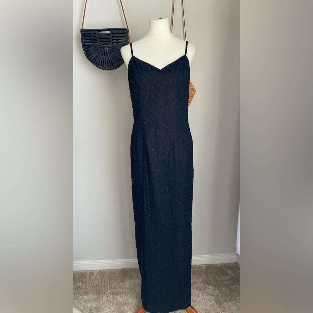 Vintage Stenay Black Sequin Spaghetti Strap Maxi Dress, Size 16